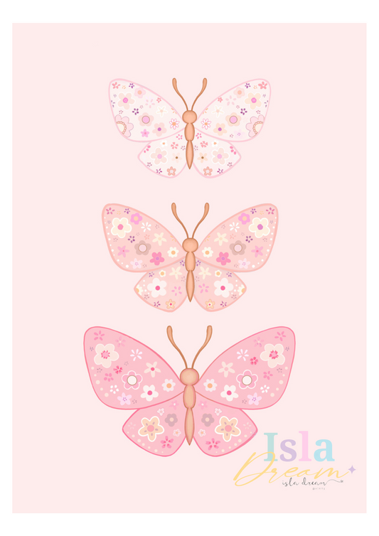 Floral Butterfly Trio Print - Pink